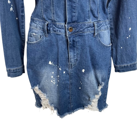 Fashion Nova Distressed Stretch Denim Button Front Dress L Blue Pockets - Picture 4 of 13